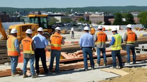 A group of workers and supervisors collaborating on a construction project in Waterbury, Connecticut, with visible machinery and urban architecture.