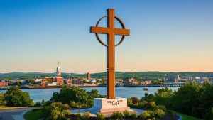 The iconic Holy Land USA cross overlooking the scenic skyline of Waterbury, Connecticut, with lush greenery and city buildings in the background.