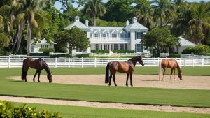 Elegant equestrian estate in Wellington, Florida, with grazing horses on lush green pastures, showcasing the area's charm and equestrian culture.