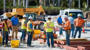 Construction crew and project managers discussing plans at a Wellington, Florida site, highlighting teamwork and compliance supported by performance bonds in construction contracts.