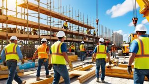 Construction workers in bright safety vests assembling scaffolding and managing materials on a sunny day in West Palm Beach, Florida.