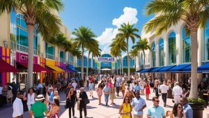 Crowded CityPlace in West Palm Beach, Florida, featuring palm-lined streets, colorful storefronts, and a lively mix of shoppers and visitors enjoying the bustling environment.