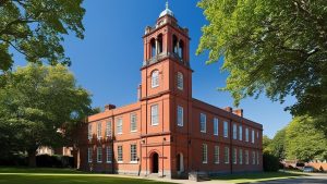 Historic red brick building with a central tower and lush green lawns in Westminster, Colorado, representing the city's architectural charm and cultural heritage.