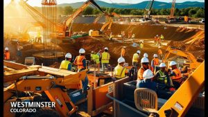 Construction team meeting at a job site in Westminster, Colorado, surrounded by equipment and showcasing collaboration among workers in safety gear with mountains in the background.