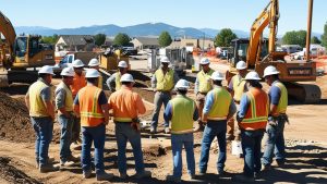 Construction site in Westminster, Colorado, with workers in safety vests and helmets operating heavy machinery at a large-scale infrastructure project under a bright sunlit sky.