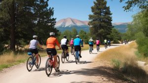 Cyclists riding along a scenic trail in Westminster, Colorado, surrounded by greenery and framed by views of distant mountain peaks under a clear blue sky.