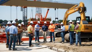 Team of workers at a construction site in Wilmington, Delaware, discussing project progress with cranes in the background.