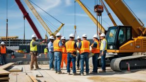 Construction workers and contractors reviewing plans on a Wilmington, Delaware job site, backed by performance bonds.