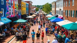 Vibrant downtown street in Wilmington, Delaware, featuring outdoor dining and colorful storefronts.