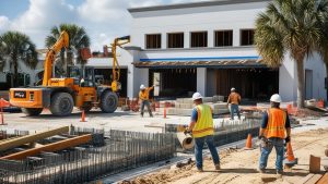 Construction site in Winter Garden, Florida, featuring workers in safety gear and heavy equipment operating near a modern building under development.