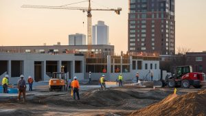 Construction workers and heavy equipment at a bustling job site in Addison, Illinois, with modern buildings in the background.