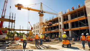 Daytime view of a construction site in Addison, Illinois, featuring workers, cranes, and a building under development.