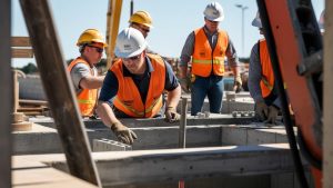 Construction crew members inspecting and assembling concrete frameworks on a project site in Ames, Iowa, showcasing professional collaboration and attention to detail.