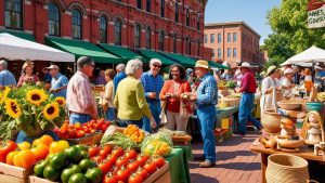 A vibrant farmers market in downtown Ames, Iowa, featuring fresh produce, sunflowers, and local artisans, with people enjoying the lively atmosphere on a sunny day.