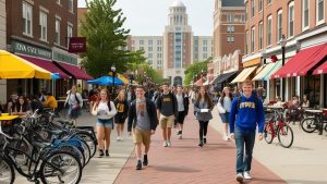 Students walking and socializing on a bustling street near Iowa State University in Ames, Iowa, surrounded by colorful storefronts and outdoor cafes.