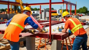 Construction workers in safety gear working on a building site in Ames, Iowa, demonstrating teamwork and precision during the structural phase of a project.