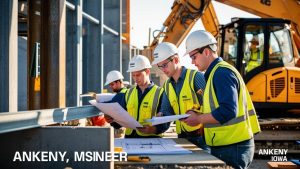 Engineers and workers in Ankeny, Iowa, reviewing architectural plans at a construction site. The scene highlights the city’s commitment to development and professional excellence in the construction sector.