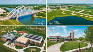 A picturesque view of the High Trestle Trail Bridge in Ankeny, Iowa, along with the Prairie Ridge Sports Complex, featuring expansive green fields and well-maintained facilities. Also includes the Prairie Ridge Aquatic Center and Ankeny Art Center, showcasing Ankeny’s vibrant community and recreational infrastructure.