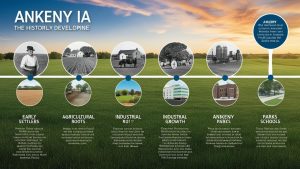 A historical timeline of Ankeny, Iowa, depicting the city's development from early settlers and agricultural roots to industrial growth, modern parks, and schools. Highlights Ankeny’s transformation and community-focused progress.