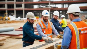 Engineers and workers in Ankeny, Iowa, reviewing architectural plans at a construction site. The scene highlights the city’s commitment to development and professional excellence in the construction sector.