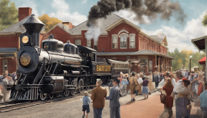 Historic Bartlett, Illinois, train station with a vintage steam engine, a lively crowd, and a backdrop of charming brick architecture, capturing the town's rich heritage and community spirit.