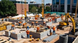 Construction workers actively building a modern site in Bloomington, Indiana, with cranes, materials, and urban structures in the background.