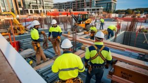 Team of construction professionals in Bowie, Maryland, preparing materials and discussing project plans on a vibrant construction site near modern buildings.