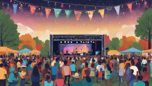 Outdoor festival in Bowie, Maryland, featuring live music, colorful decorations, and a large crowd enjoying the evening under the stars.