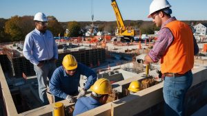 Construction team discussing project plans at a building site in Brockton, Massachusetts, with cranes and scaffolding in the background.