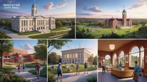rockton City Hall with surrounding green spaces and historic architecture under a vibrant sky in Massachusetts.