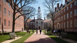 A scenic university campus in Cambridge, Massachusetts, featuring classic red brick buildings, a historic clock tower, and students walking along a tree-lined pathway.
