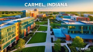 An elevated perspective of Carmel, Indiana's commercial and cultural hub, highlighting contemporary buildings, manicured lawns, and pathways with a clean urban design.