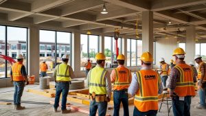 Construction workers gathered indoors at a Carmel, Indiana site, wearing safety gear and discussing project plans in a large, open space with wide windows.