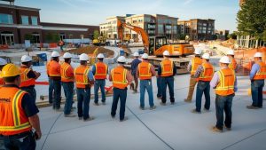 A team of construction workers at an active development site in Carmel, Indiana, standing near equipment and newly paved areas in a thriving urban environment.