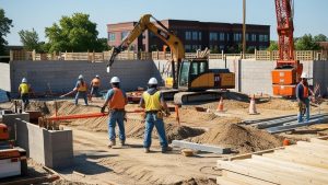 Workers and machinery on a busy construction site in Carpentersville, Illinois, showcasing infrastructure development with a focus on performance bonds.