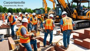 Construction crew in Carpentersville, Illinois, laying bricks at a project site with excavators in the background, illustrating teamwork and project quality.