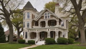 Beautiful Victorian-style house in Carpentersville, Illinois, featuring intricate architectural details and surrounded by large oak trees.