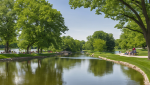 Lush green park with a reflective river and visitors enjoying the outdoors in Carpentersville, Illinois, highlighting the town's natural beauty and community spaces.