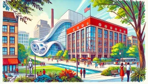 A vibrant illustration of Columbus, Indiana, featuring iconic landmarks such as the Miller House, Columbus Library with its curved architecture, and outdoor art sculptures in the downtown area.