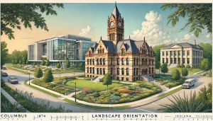 A detailed depiction of Columbus, Indiana’s historic Bartholomew County Courthouse, showcasing Romanesque Revival architecture, alongside modern city elements on a sunny day.