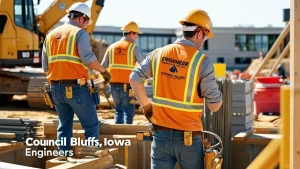 Engineers in safety gear working at a construction site in Council Bluffs, Iowa, displaying teamwork and modern construction practices with machinery in the background.