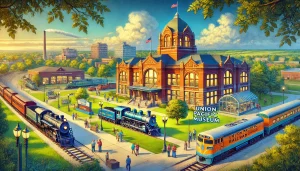 Illustration of the Union Pacific Railroad Museum in Council Bluffs, Iowa, showcasing its historic architecture, vintage trains, and vibrant visitor activity under a clear blue sky.