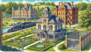 Detailed illustration featuring historic landmarks in Council Bluffs, Iowa, including the Union Pacific Railroad Museum, the General Dodge House, and the Squirrel Cage Jail surrounded by lush greenery and visitors.