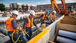 Construction workers in Covington, Kentucky wearing safety vests and hard hats, working on a large construction site with rebar and machinery in the background.