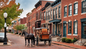 Charming historic neighborhood in Covington, Kentucky, showcasing cobblestone streets, red brick townhomes, and a horse-drawn carriage in autumn.
