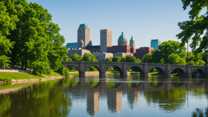 A scenic view of the Des Moines, Iowa skyline reflected in a calm river, with a historic stone bridge in the foreground.