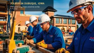 Team of engineers and builders wearing hard hats and branded uniforms working on a construction project in Dubuque, Iowa, emphasizing teamwork and precision.