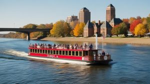 A scenic riverboat cruise on the Mississippi River in Dubuque, Iowa, with autumn foliage and historic architecture in the background.