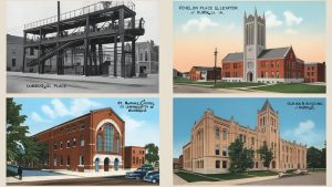 A collage of historic landmarks in Dubuque, Iowa, including Fenelon Place Elevator, St. Raphael's Cathedral, University of Dubuque, and Old Main Building.