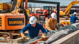 Construction workers in Dubuque, Iowa, collaborating on a large building project with heavy machinery and equipment on-site.